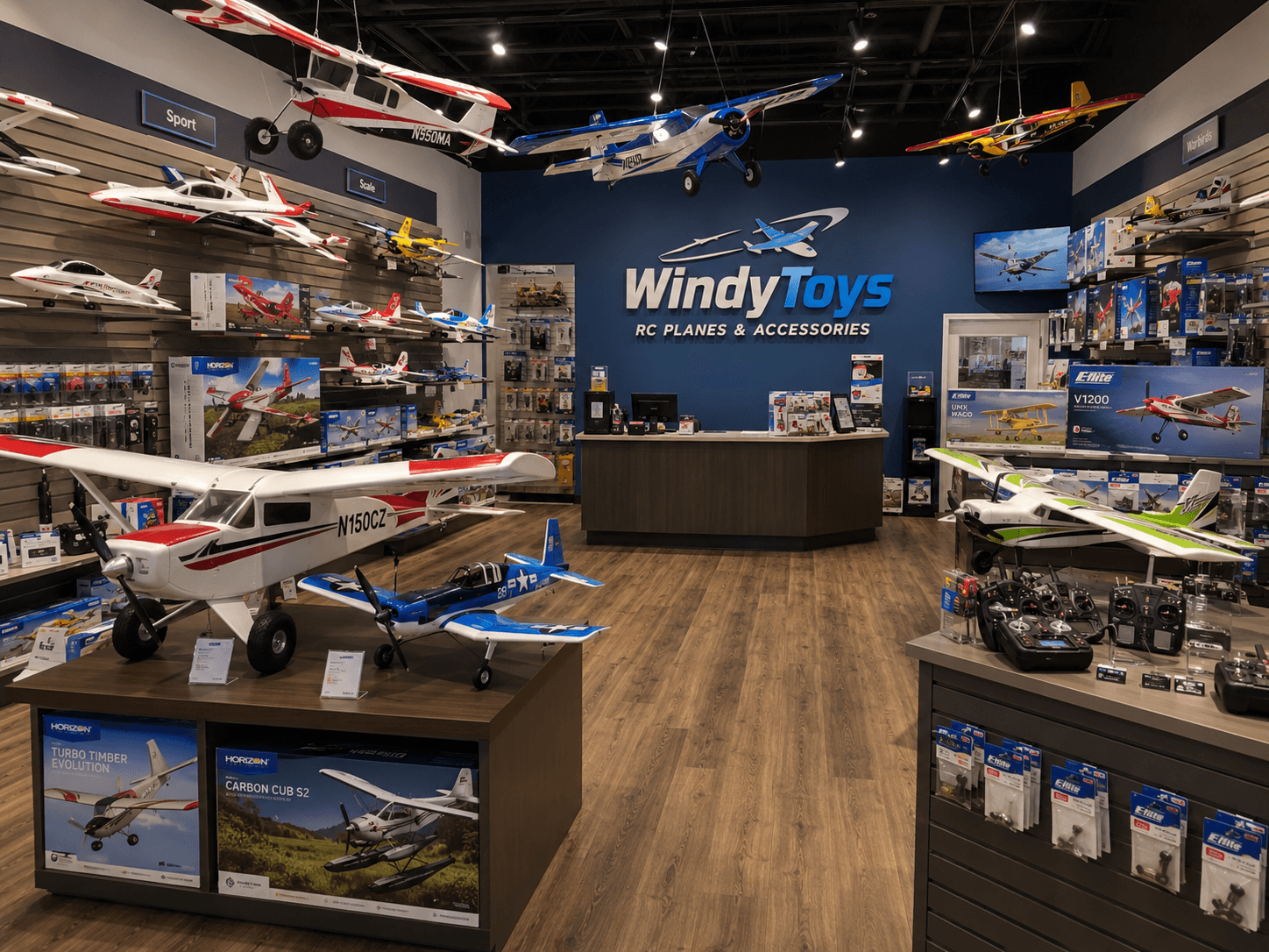 L'intérieur de la boutique WindyToys, remplie d'avions RC